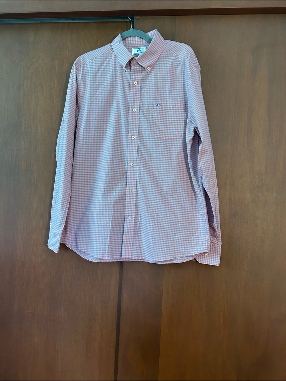 Southern Tide Coral and Light Blue Check Trim Fit Button-Down